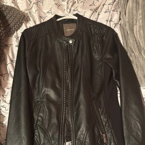 Maurices Black Leather Jacket with Motorcycle Design and Stand-Up Collar